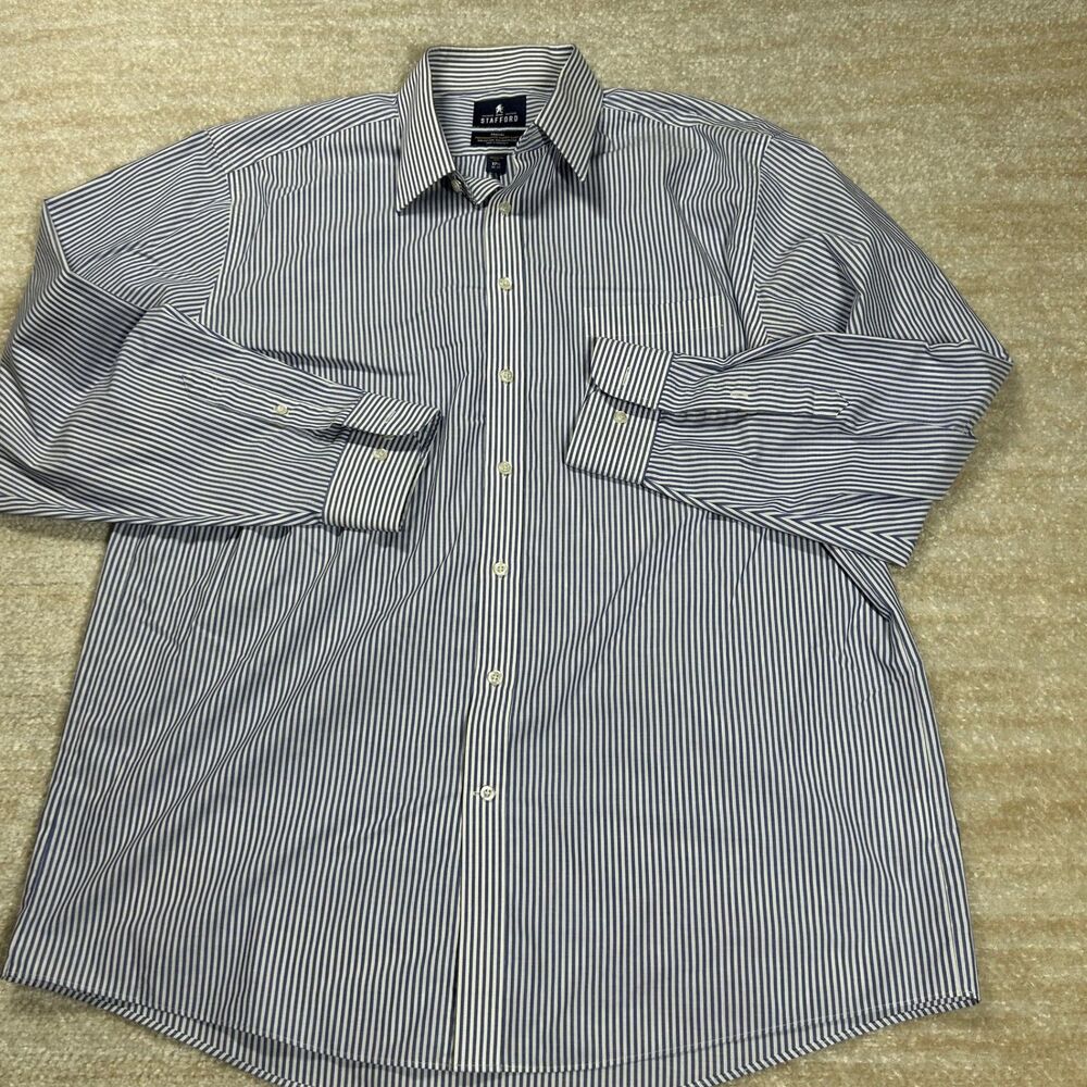 Stafford Dress Shirt Mens 17.5 36-37 Travel Regular Fit Blue Striped Long Sleeve